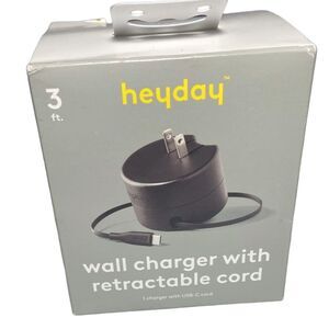 Heyday Wall Charger Retractable 3ft USB-C Cable Fast Charge Phone Tablet Black